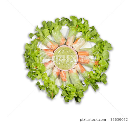 Top view salad rolls in dish on the white 53639052