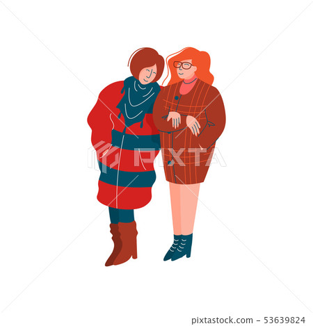 Two Girls Dressed in Stylish Seasonal Clothes Walking, Spring Season Outdoor Activities Vector Two Girls Dressed in Stylish Seasonal Clothes Walking, Spring Season Outdoor Activities Vector 53639824