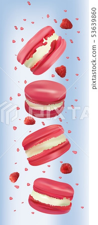 Raspberry macaroon in motion isolated on blue background. Sweet french macaroons close up. Falling Raspberry macaroon in motion isolated on blue background. Sweet french macaroons close up. Falling 53639860