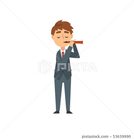 Boy Playing Flute, Talented Young Flutist Character Playing Brass Musical Instrument Vector Boy Playing Flute, Talented Young Flutist Character Playing Brass Musical Instrument Vector 53639990