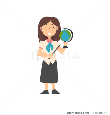 Girl Teacher Character with Pointer and Globe, Kid Dreaming of Future Profession Vector Illustration 53640315