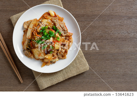 top view of stir fried pork with kimchi. top view of stir fried pork with kimchi. 53641623