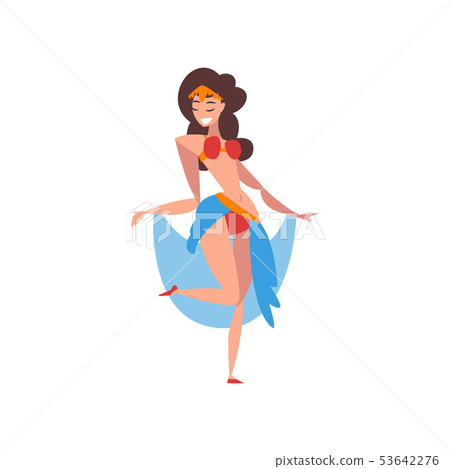 Graceful Smiling Eastern Girl Dancing Belly Dance, Indian or Arabic Dancer Character in Traditional 53642276