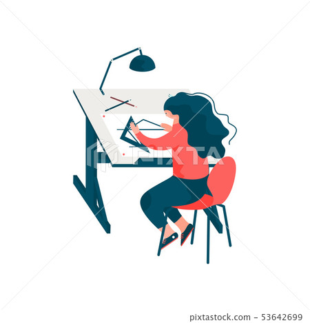 Woman Architect Sitting at Desk Working on Blueprint Building Plan, Female Professional Engineer 53642699
