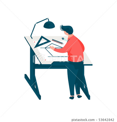 Man Architect Sitting at Desk Working on Blueprint Building Plan, Male Professional Engineer 53642842