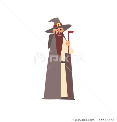 Medieval Wizard Character, Man Wearing Mantle and Pointed Hat With Magic Staff Vector Illustration 53642878