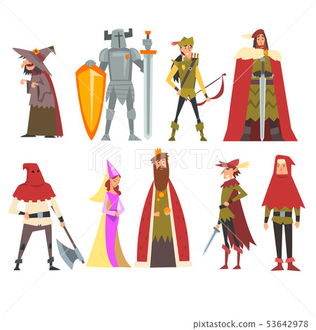 European Medieval Characters Set, Old Witch, Knight, Archer, King, Princess, Executioner, People in European Medieval Characters Set, Old Witch, Knight, Archer, King, Princess, Executioner, People in 53642978