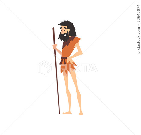 Prehistoric Bearded Man, Primitive Stone Age Caveman in Animal Pelt Cartoon Character Vector 53643074
