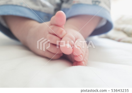嬰兒被白色的被子緊握。 53643235