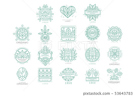 Vector set of original organic logos. Linear emblems with abstract leaves for natural cosmetics, eco 53643783