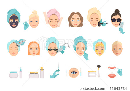 Types of procedures for facial rejuvenation and products for face care. Cosmetology and beauty 53643784