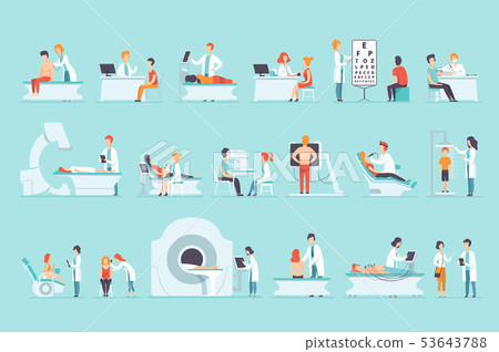Flat vector set of people on medical examination. Doctors and patients. Professionals at work 53643788