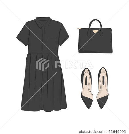 Basic woman collection: flats, black dress, bag. 53644993