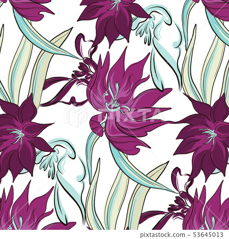 Violet contrast tropical hibiscus flowers and palm 53645013