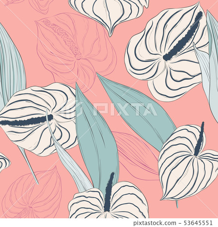 Seamless pattern with light flowers and green long 53645551