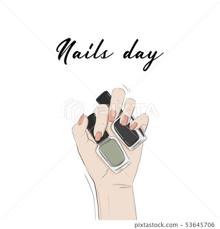 Nails day  woman hand holding nail polish advertis 53645706