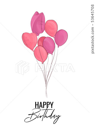 Happy Birthday greeting card with pink balloons. V 53645708