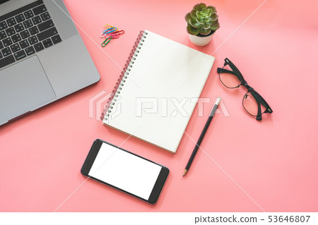 Flat lay design of workspace desk with laptop, Flat lay design of workspace desk with laptop, 53646807