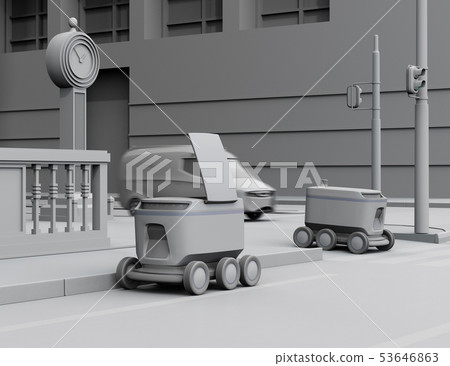 黏土在一個大城市交叉點附近的送貨機器人等待的交付的翻譯圖像 53646863