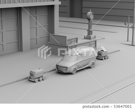 黏土在交付附近的交付汽車和交付機器人的翻譯圖像在交付 53647001