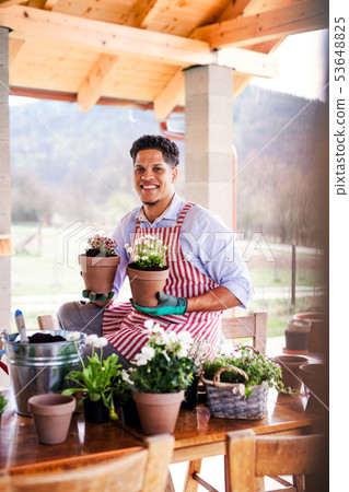 A portrait of young man gardener outdoors at home, planting flowers. 53648825