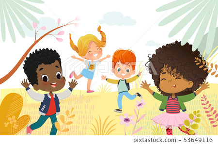 Multicultural Boys and girls happily jump. Kids Play outdors. Colorful flowers and trees at the Multicultural Boys and girls happily jump. Kids Play outdors. Colorful flowers and trees at the 53649116