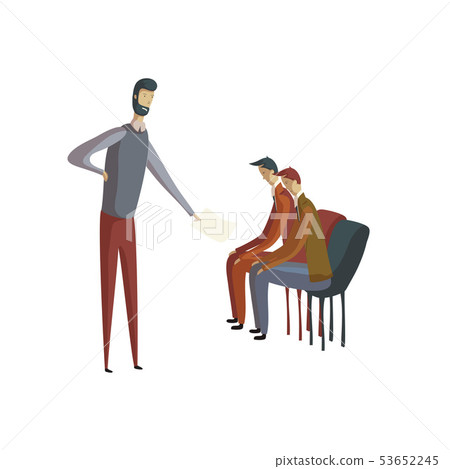 Angry man with a beard stretches a sheet of paper to two sad men. Vector illustration on white 53652245