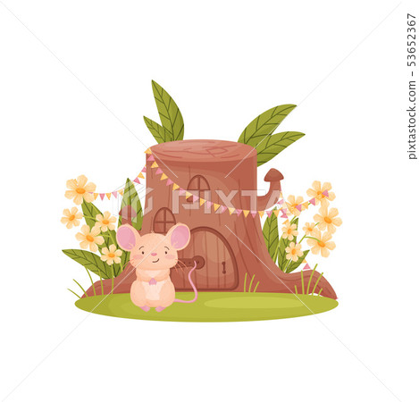 Cute mouse sits near his house in the form of a stump. Vector illustration on white background. Cute mouse sits near his house in the form of a stump. Vector illustration on white background. 53652367