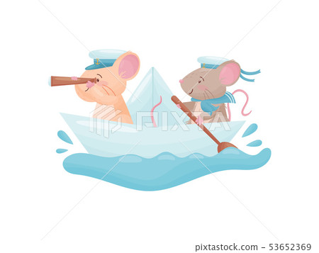 Pair of mice floating on a paper boat. Vector illustration on white background. Pair of mice floating on a paper boat. Vector illustration on white background. 53652369