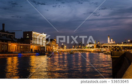 Moskva river, Embankment in Moscow at summer night 53653045