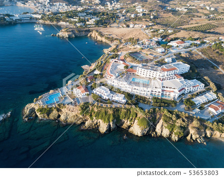Aerial drone photo of beautiful hotel located on the hill by the sea Aerial drone photo of beautiful hotel located on the hill by the sea 53653803