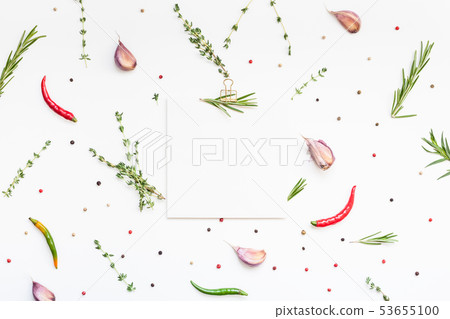 Blank notepad pages with greens herbs and spices Blank notepad pages with greens herbs and spices 53655100