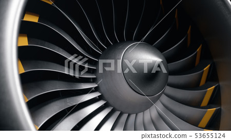 3D illustration jet engine, close-up view jet engine blades. Rotating blades of the turbojet. Part 3D illustration jet engine, close-up view jet engine blades. Rotating blades of the turbojet. Part 53655124