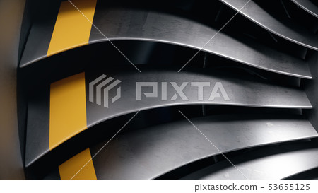 3D illustration jet engine, close-up view jet engine blades. Rotating blades of the turbojet. Part 3D illustration jet engine, close-up view jet engine blades. Rotating blades of the turbojet. Part 53655125