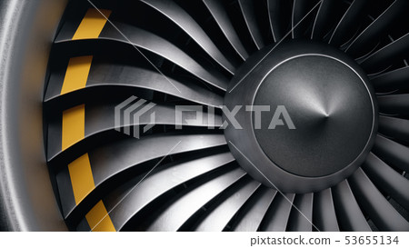 3D illustration jet engine, close-up view jet engine blades. Front view of a jet engine blades 53655134