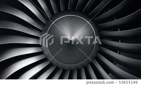 3D illustration jet engine, close-up view jet engine blades. Front view of a jet engine blades 53655149