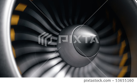 Jet engine, close-up view blades. Engine blades at the ends painted orange. Jet engine blades in 53655160
