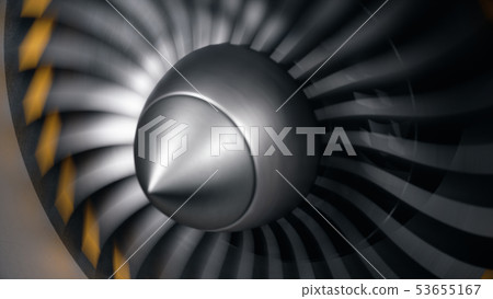 Jet engine, close-up view blades. Engine blades at the ends painted orange. Jet engine blades in 53655167