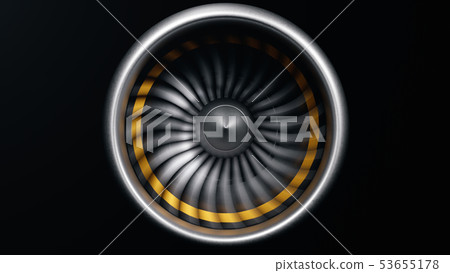 Jet engine, close-up view blades. Engine blades at the ends painted orange. Jet engine in motion 53655178