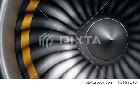 Jet engine, close-up view blades. Engine blades at the ends painted orange. Jet engine blades in Jet engine, close-up view blades. Engine blades at the ends painted orange. Jet engine blades in 53655180