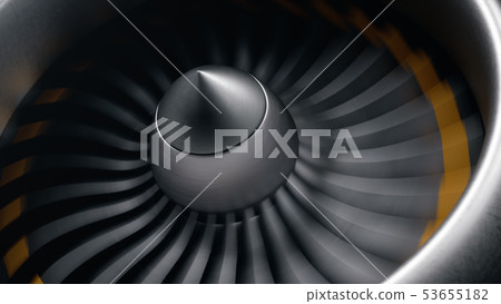 Jet engine, close-up view blades. Engine blades at the ends painted orange. Jet engine blades in 53655182