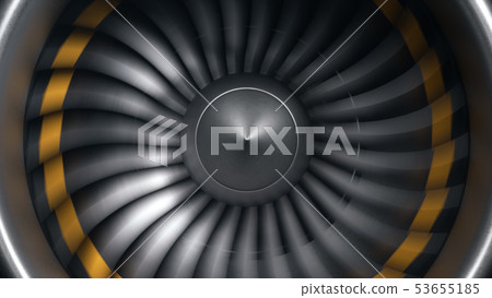 Jet engine, close-up view blades. Engine blades at the ends painted orange. Jet engine blades in 53655185