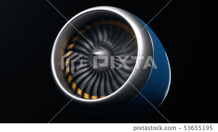 Jet engine, close-up view blades. Engine blades at the ends painted orange. Jet engine in motion 53655195