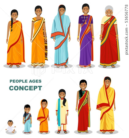East people generations at different ages isolated on white background in flat style. Indian woman East people generations at different ages isolated on white background in flat style. Indian woman 53656778