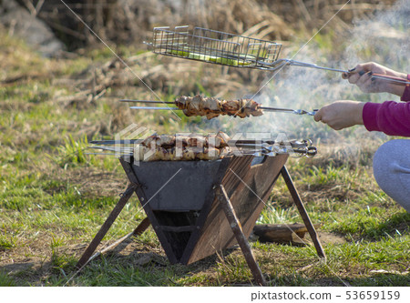Pork kebab with a mixture of spices on skewers on Pork kebab with a mixture of spices on skewers on 53659159