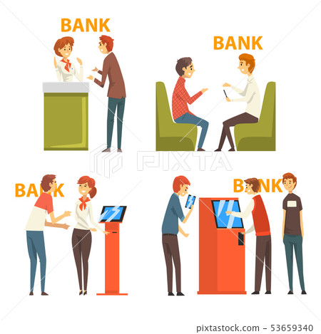 People Consulting at Managers at Bank Office and Getting Money Through Cash Dispenser, Banking People Consulting at Managers at Bank Office and Getting Money Through Cash Dispenser, Banking 53659340