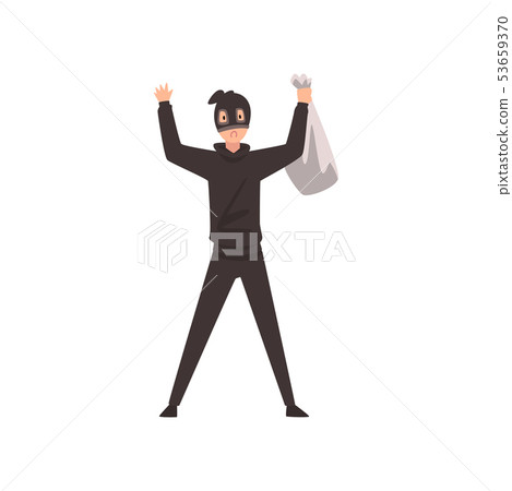 Robber Dressed in Black Clothes and Mask Standing with Raised Hands and Money Bag Vector 53659370