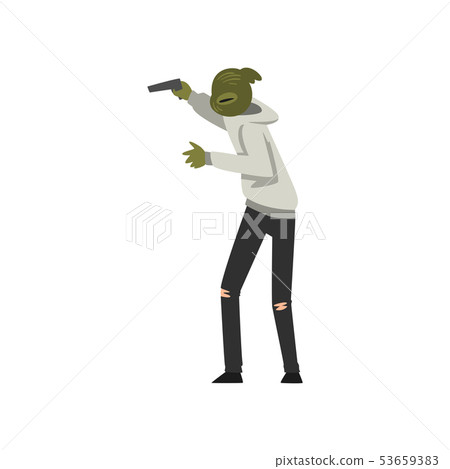 Masked Criminal Robber, Thief Threatening with Gun Vector Illustration 53659383