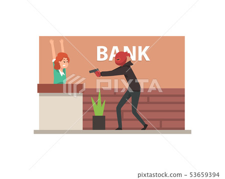 Bank Robbery, Armed Male Thief Threatening Employee Committing Burglary Vector Illustration 53659394