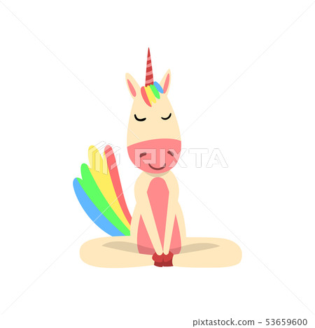 Funny Unicorn Meditating, Fantasy Beautiful Horse Character with Rainbow Mane and Tail Practicing 53659600